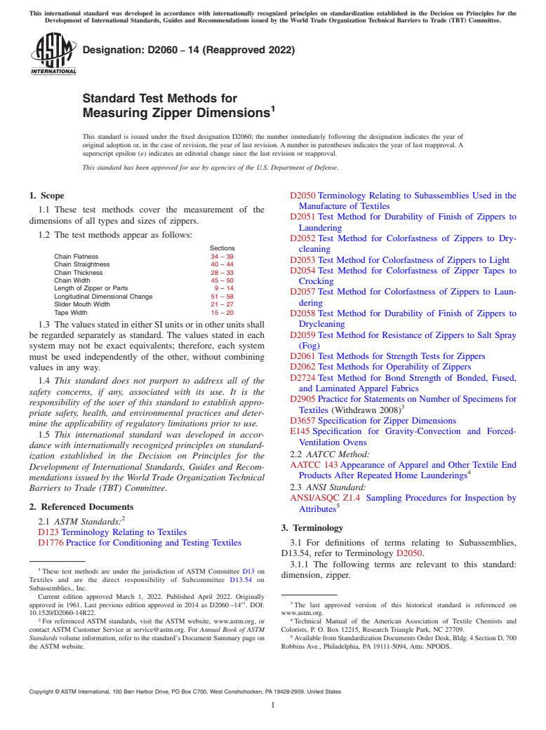 ASTM D2060-14(2022) - Standard Test Methods for  Measuring Zipper Dimensions