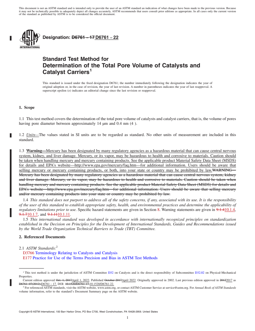 REDLINE ASTM D6761-22 - Standard Test Method for  Determination of the Total Pore Volume of Catalysts and Catalyst  Carriers