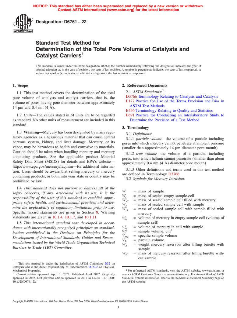 ASTM D6761-22 - Standard Test Method for  Determination of the Total Pore Volume of Catalysts and Catalyst  Carriers
