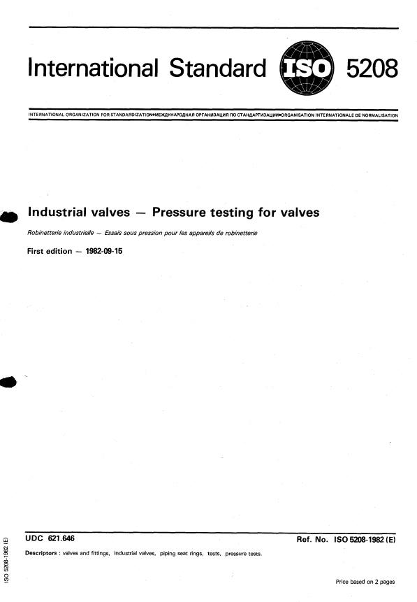 ISO 5208:1982 - Industrial valves -- Pressure testing for valves