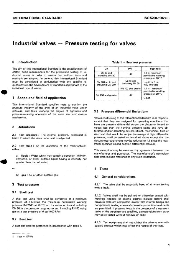 ISO 5208:1982 - Industrial valves -- Pressure testing for valves