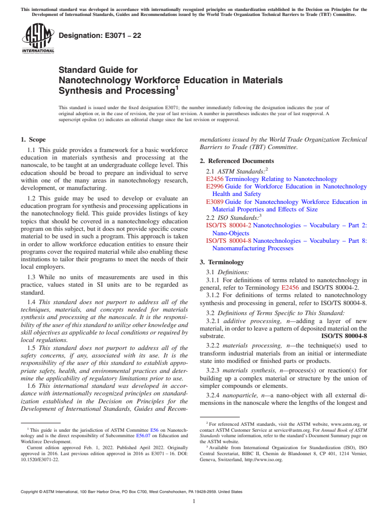 ASTM E3071-22 - Standard Guide for Nanotechnology Workforce Education in Materials Synthesis and  Processing