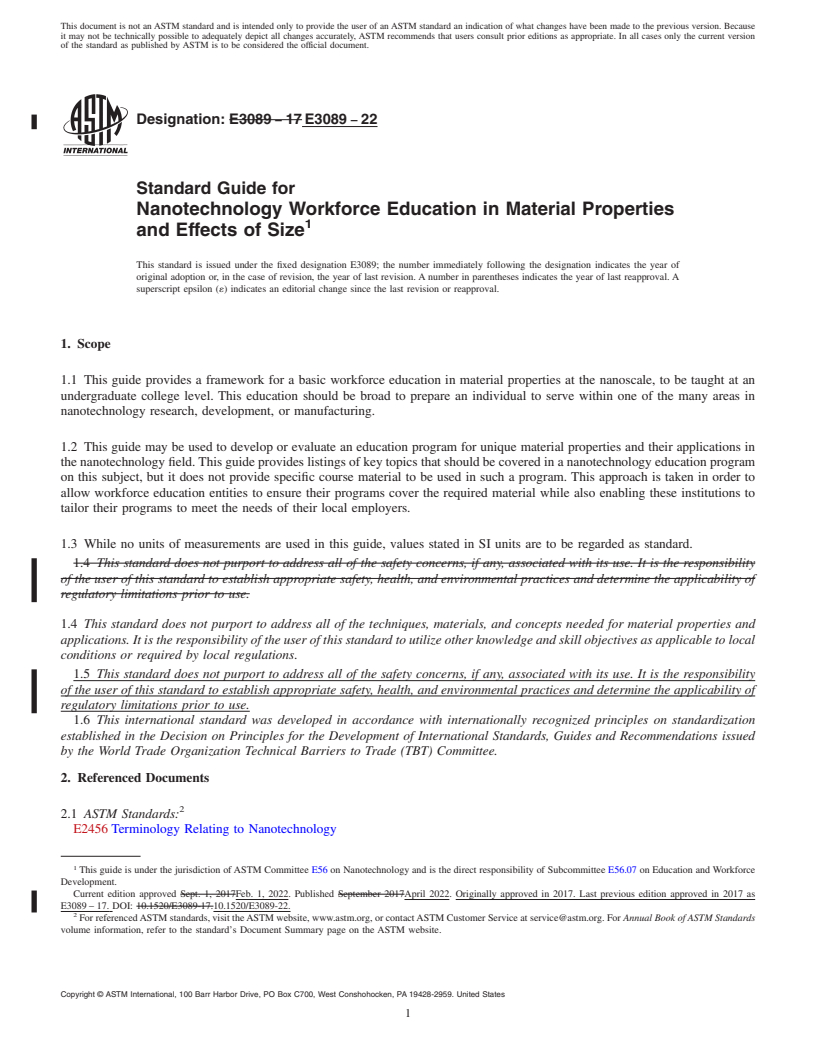 REDLINE ASTM E3089-22 - Standard Guide for Nanotechnology Workforce Education in Material Properties and  Effects of Size