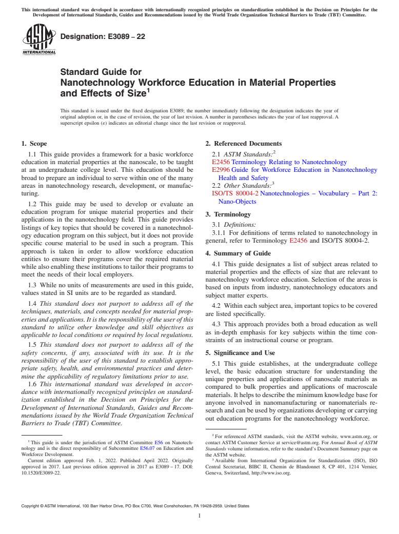 ASTM E3089-22 - Standard Guide for Nanotechnology Workforce Education in Material Properties and  Effects of Size