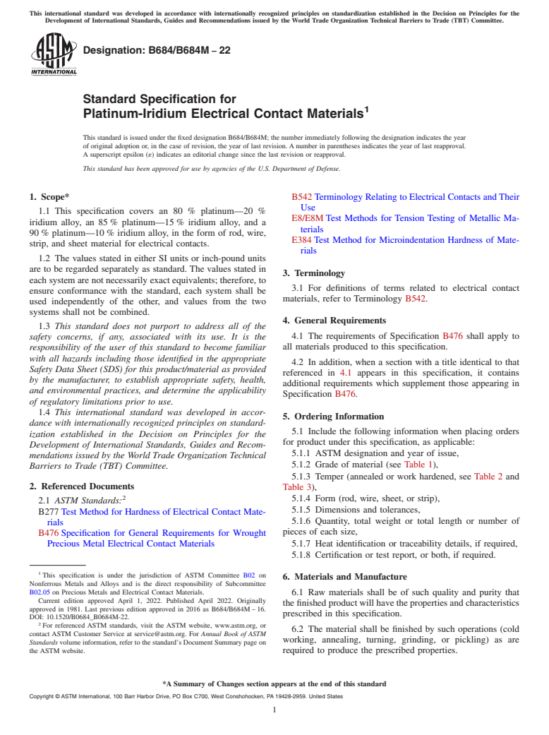 ASTM B684/B684M-22 - Standard Specification for Platinum-Iridium Electrical Contact Materials