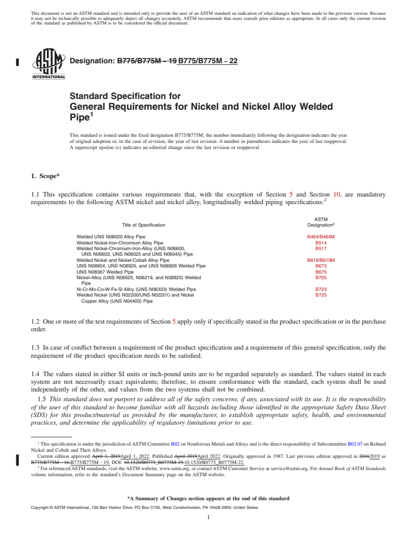 REDLINE ASTM B775/B775M-22 - Standard Specification for General Requirements for Nickel and Nickel Alloy Welded Pipe