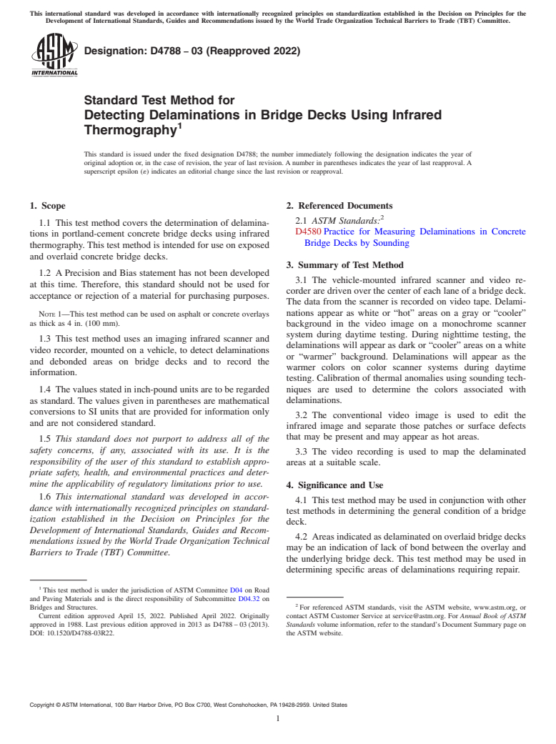 ASTM D4788-03(2022) - Standard Test Method for  Detecting Delaminations in Bridge Decks Using Infrared Thermography