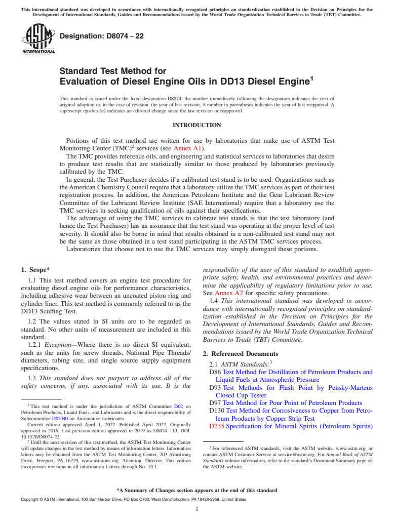 ASTM D8074-22 - Standard Test Method for Evaluation of Diesel Engine Oils in DD13 Diesel Engine