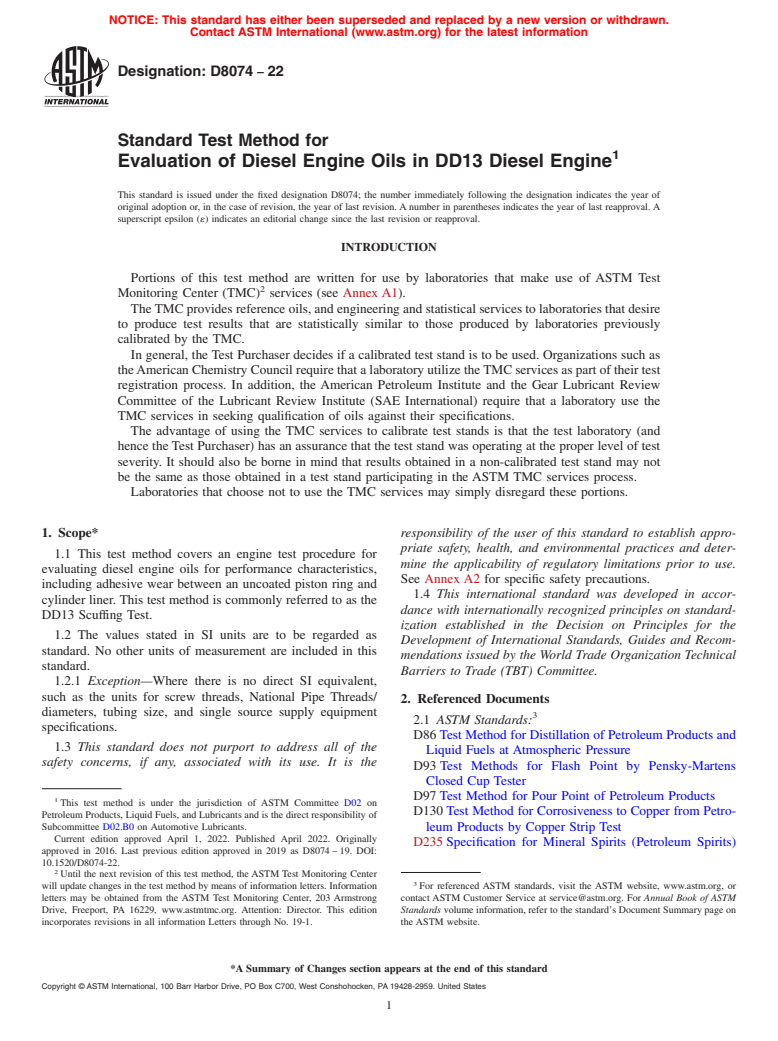 ASTM D8074-22 - Standard Test Method for Evaluation of Diesel Engine Oils in DD13 Diesel Engine