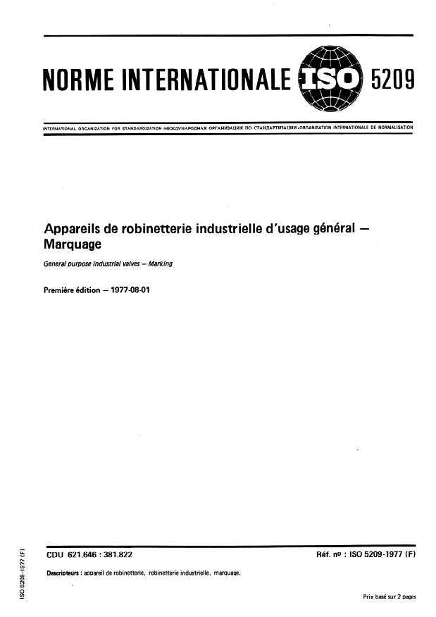 ISO 5209:1977 - Appareils de robinetterie industrielle d'usage général -- Marquage