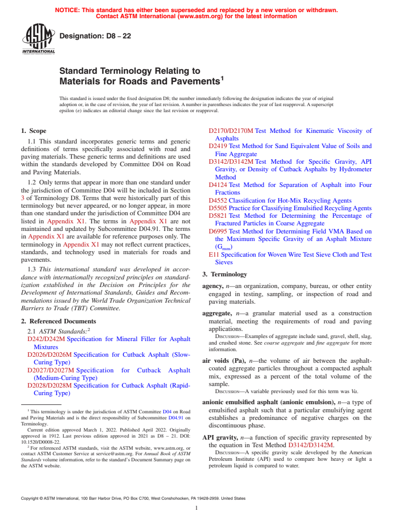 ASTM D8-22 - Standard Terminology Relating to Materials for Roads and Pavements