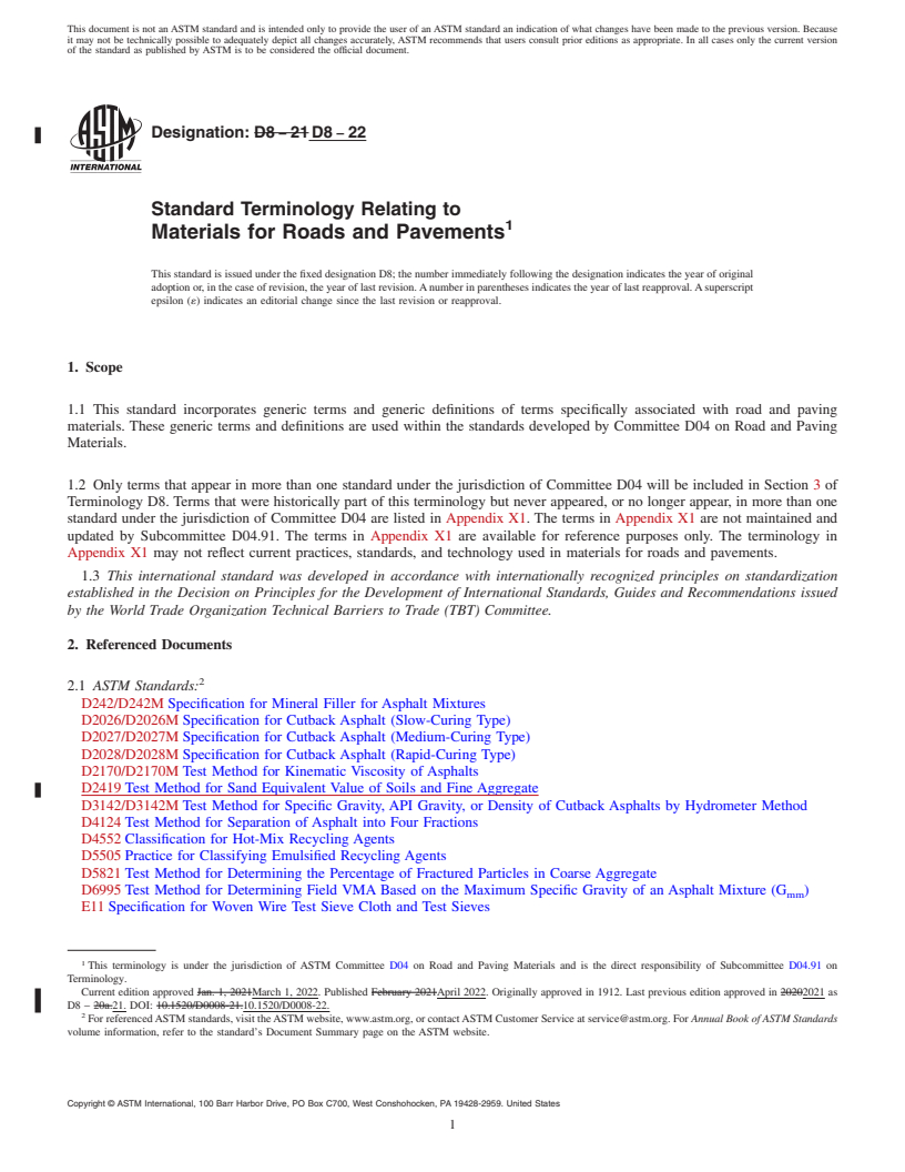 REDLINE ASTM D8-22 - Standard Terminology Relating to Materials for Roads and Pavements