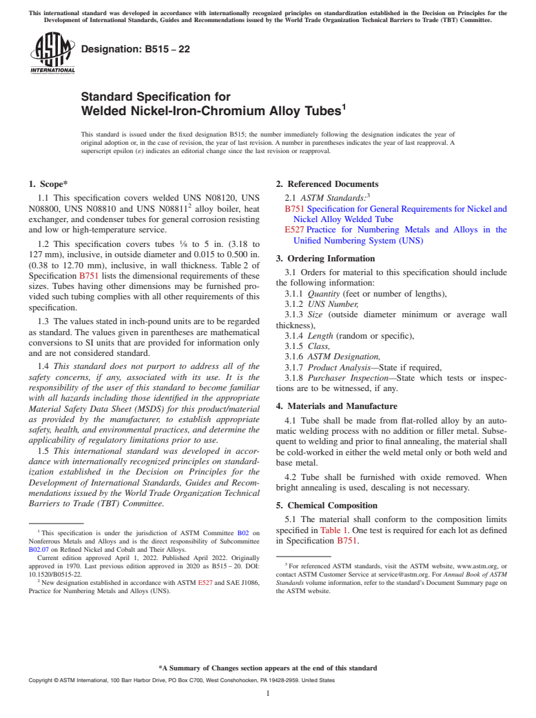 ASTM B515-22 - Standard Specification for Welded Nickel-Iron-Chromium Alloy Tubes