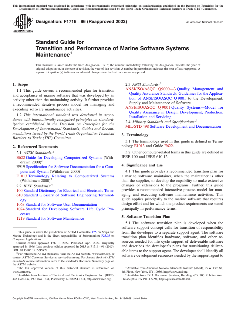 ASTM F1716-96(2022) - Standard Guide for  Transition and Performance of Marine Software Systems Maintenance