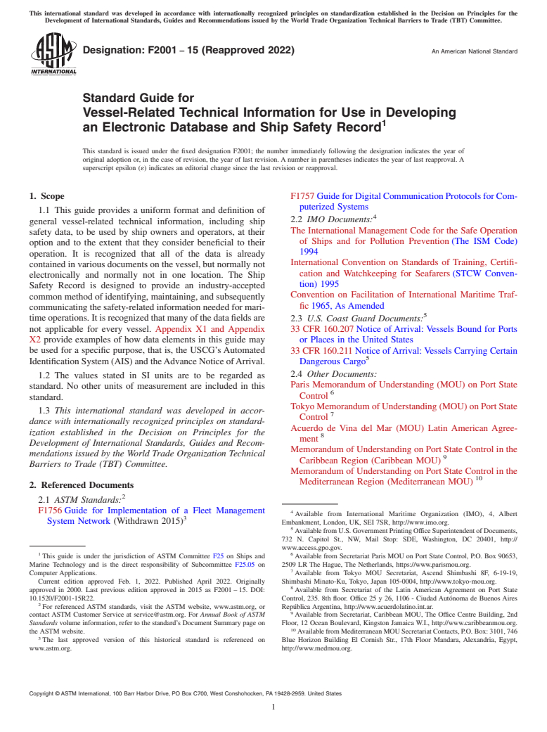 ASTM F2001-15(2022) - Standard Guide for  Vessel-Related Technical Information for Use in Developing  an Electronic Database and Ship Safety Record