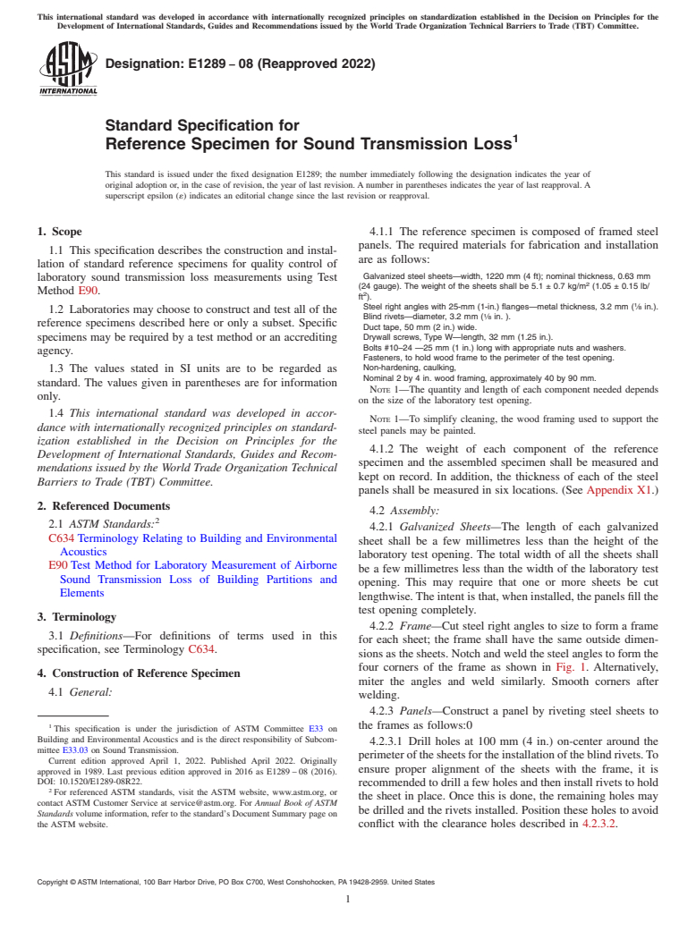 ASTM E1289-08(2022) - Standard Specification for  Reference Specimen for Sound Transmission Loss