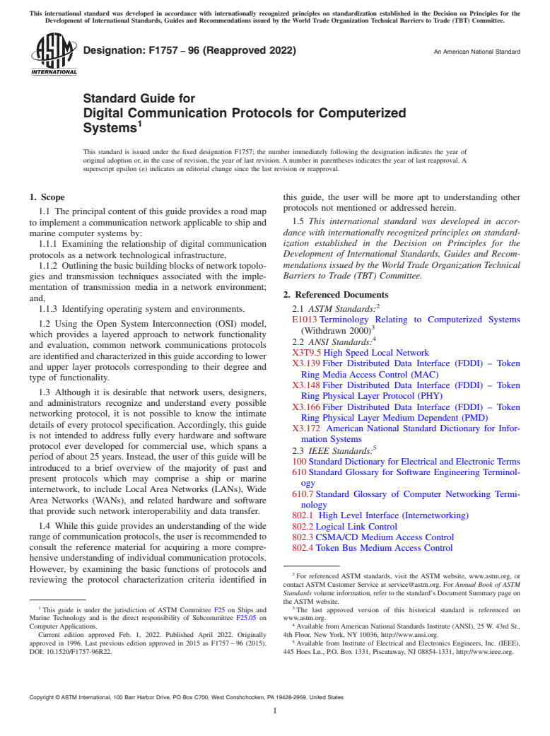 ASTM F1757-96(2022) - Standard Guide for  Digital Communication Protocols for Computerized Systems