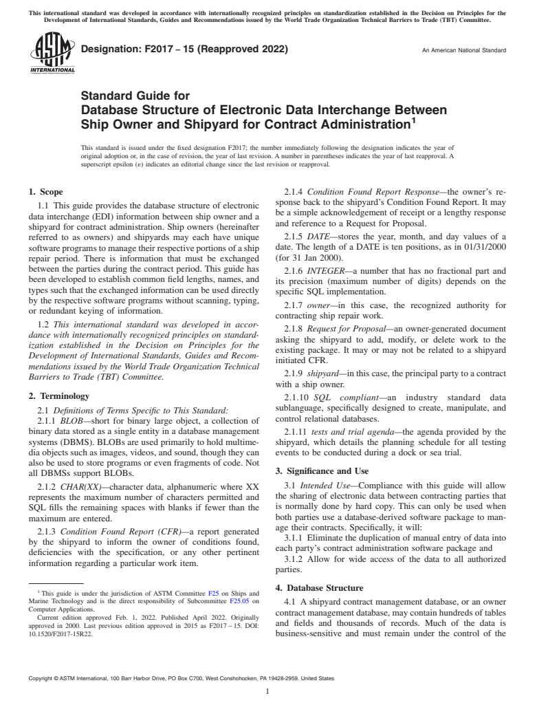 ASTM F2017-15(2022) - Standard Guide for  Database Structure of Electronic Data Interchange Between Ship  Owner and Shipyard for Contract Administration