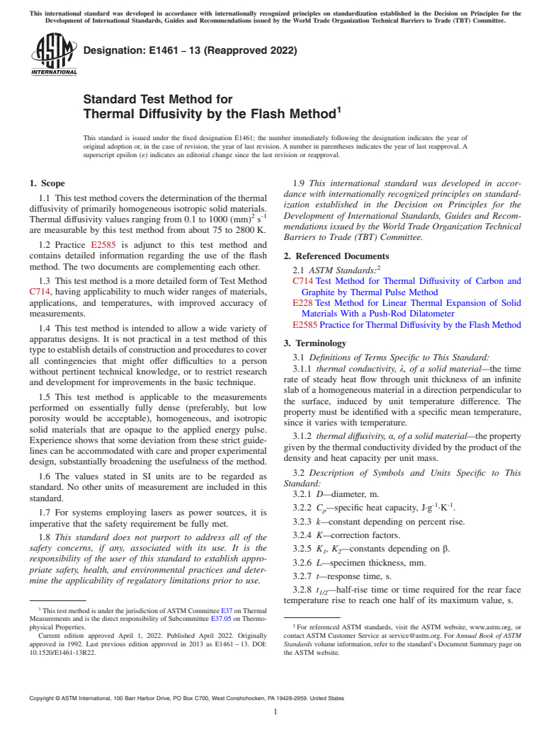 ASTM E1461-13(2022) - Standard Test Method for  Thermal Diffusivity by the Flash Method