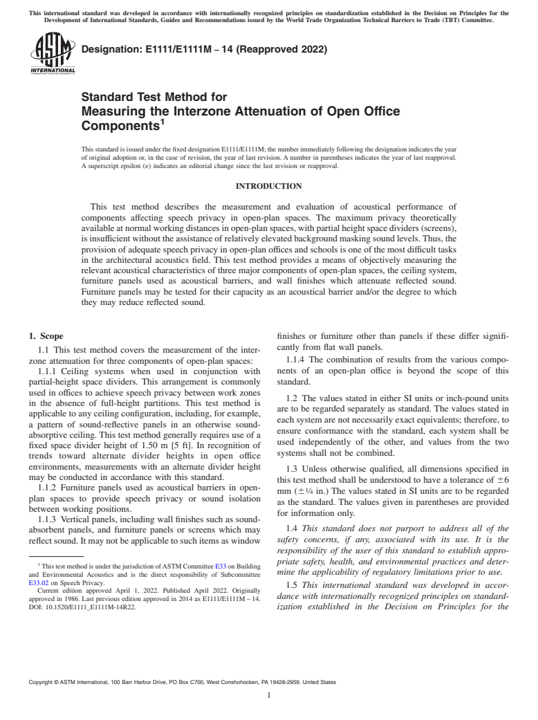 ASTM E1111/E1111M-14(2022) - Standard Test Method for  Measuring the Interzone Attenuation of Open Office Components