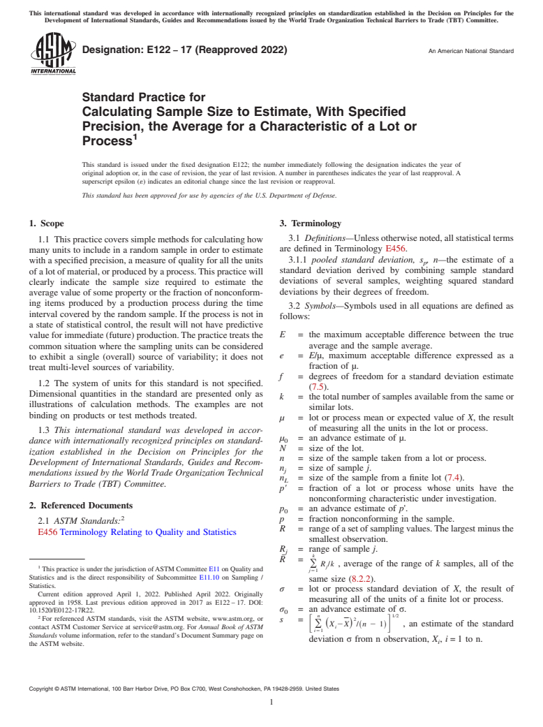 ASTM E122-17(2022) - Standard Practice for  Calculating Sample Size to Estimate, With Specified Precision,  the Average for a Characteristic of a Lot or Process