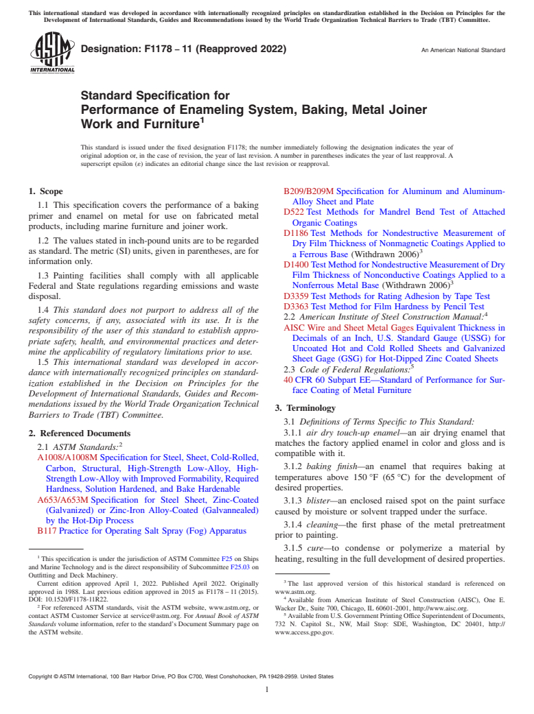 ASTM F1178-11(2022) - Standard Specification for  Performance of Enameling System, Baking, Metal Joiner Work   and Furniture