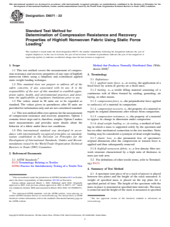ASTM D6571-22 ASTM D6571-22 - Standard Test Method for Determination of Compression Resistance and Recovery Properties of Highloft Nonwoven Fabric Using Static Force Loading - Page 1 preview