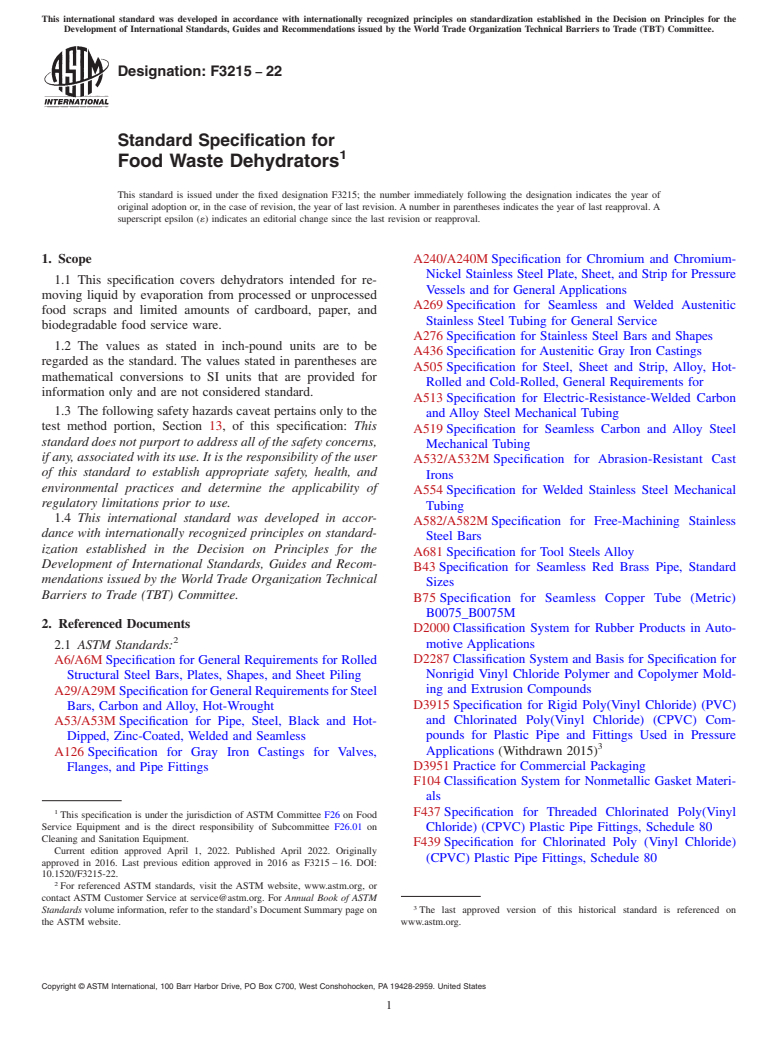 ASTM F3215-22 - Standard Specification for Food Waste Dehydrators