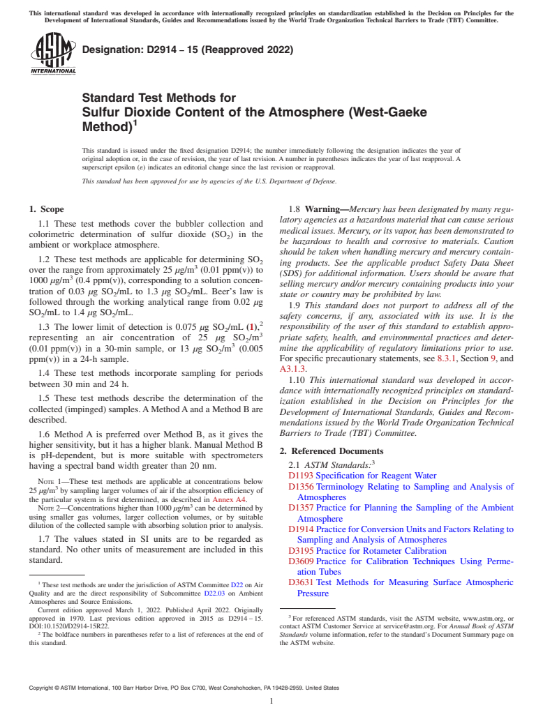 ASTM D2914-15(2022) - Standard Test Methods for Sulfur Dioxide Content of the Atmosphere (West-Gaeke Method)