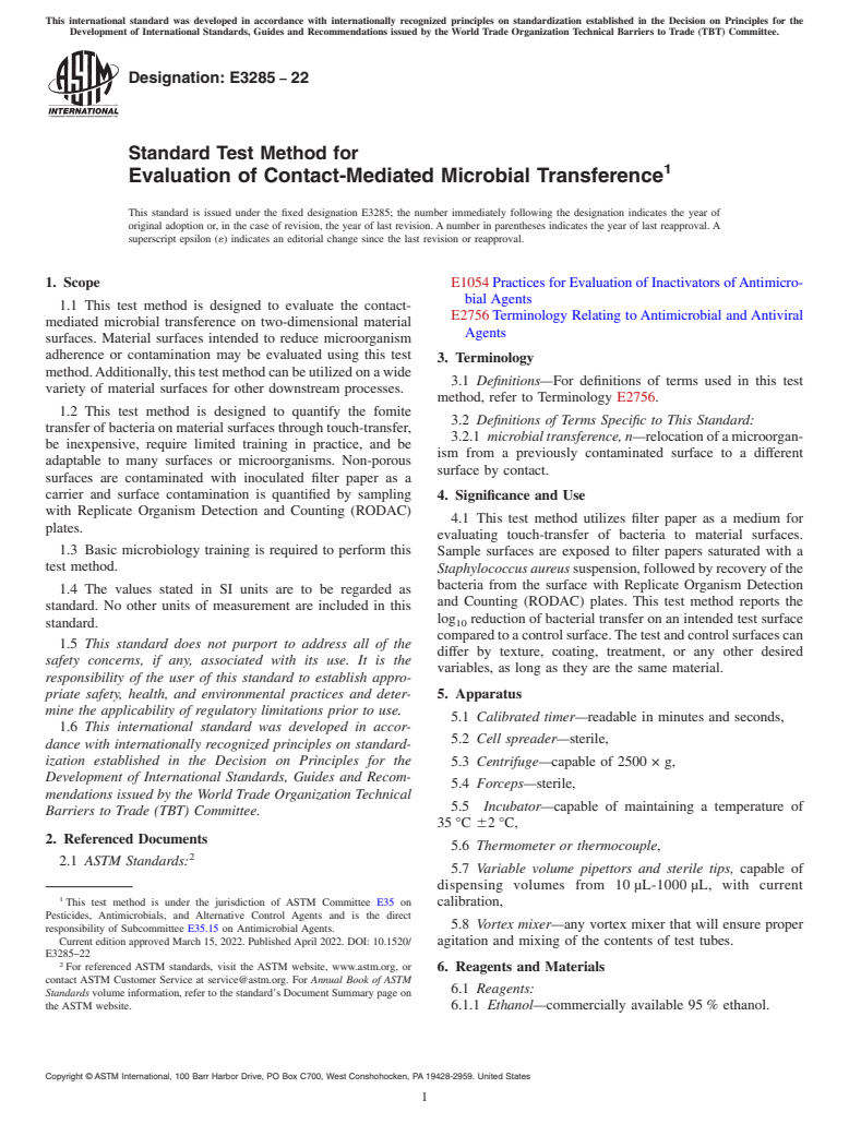 ASTM E3285-22 - Standard Test Method for Evaluation of Contact-Mediated Microbial Transference