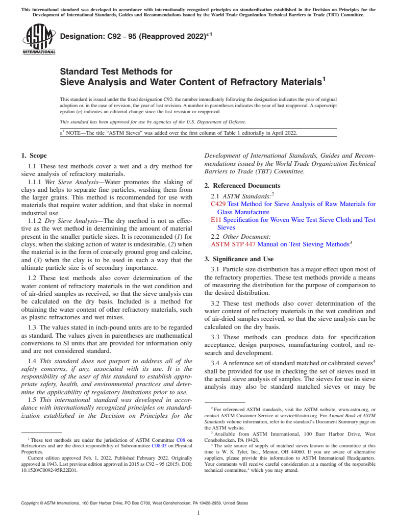 ASTM C92-95(2022)e1 - Standard Test Methods for Sieve Analysis and Water Content of Refractory Materials