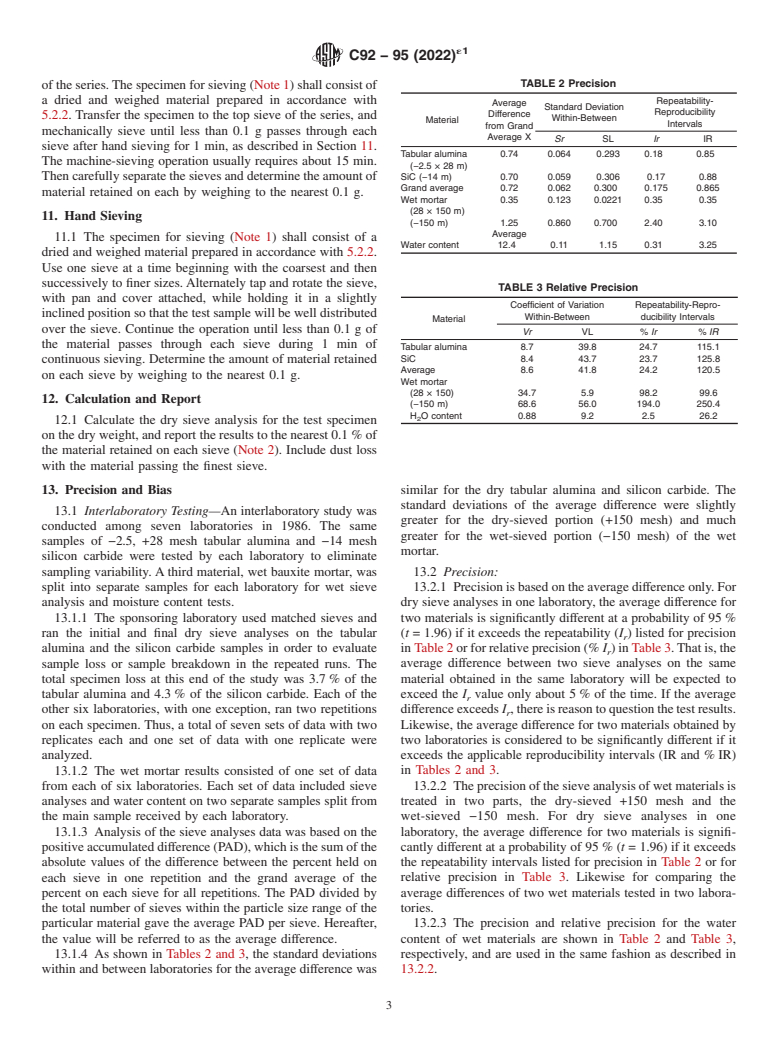 ASTM C92-95(2022)e1 - Standard Test Methods for Sieve Analysis and Water Content of Refractory Materials