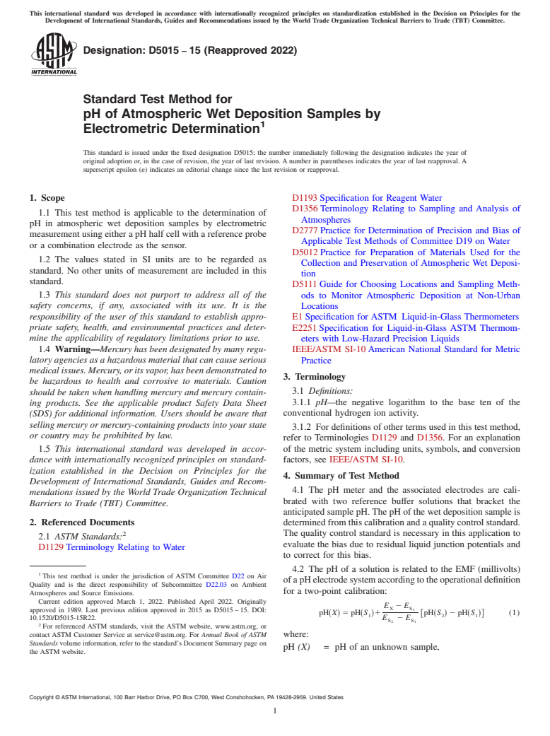 ASTM D5015-15(2022) - Standard Test Method for  pH of Atmospheric Wet Deposition Samples by Electrometric Determination