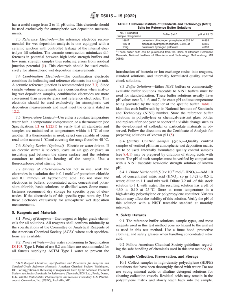 ASTM D5015-15(2022) - Standard Test Method for  pH of Atmospheric Wet Deposition Samples by Electrometric Determination