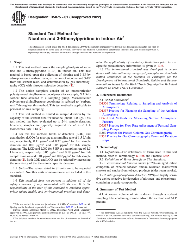 ASTM D5075-01(2022) - Standard Test Method for  Nicotine and 3-Ethenylpyridine in Indoor Air