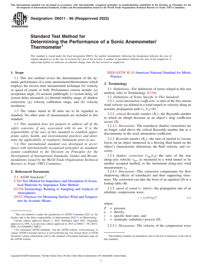 ASTM D6011-96(2022) - Standard Test Method for  Determining the Performance of a Sonic Anemometer/Thermometer