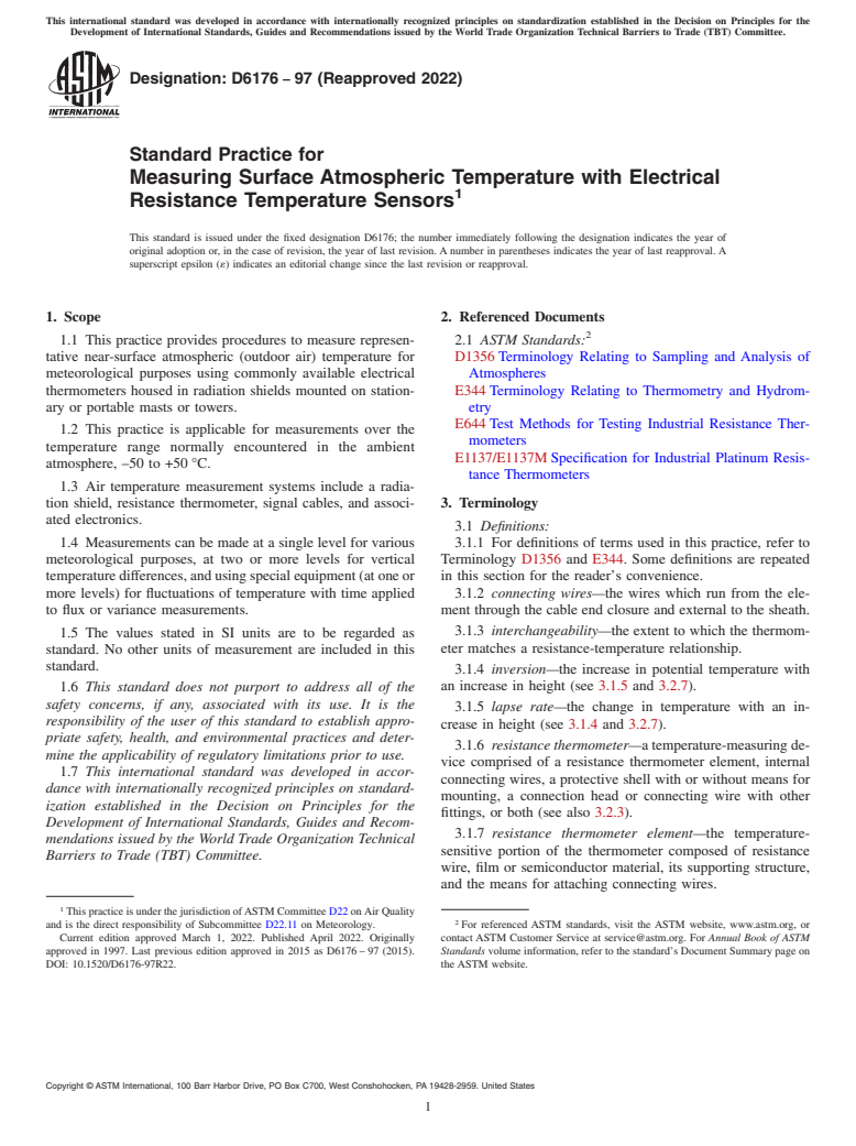 ASTM D6176-97(2022) - Standard Practice for  Measuring Surface Atmospheric Temperature with Electrical Resistance  Temperature Sensors