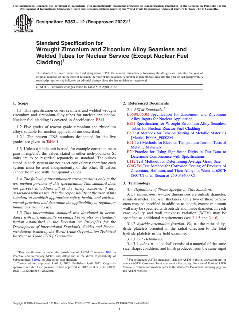 ASTM B353-12(2022)e1 - Standard Specification for Wrought Zirconium and Zirconium Alloy Seamless and Welded Tubes  for    Nuclear Service (Except Nuclear Fuel Cladding)