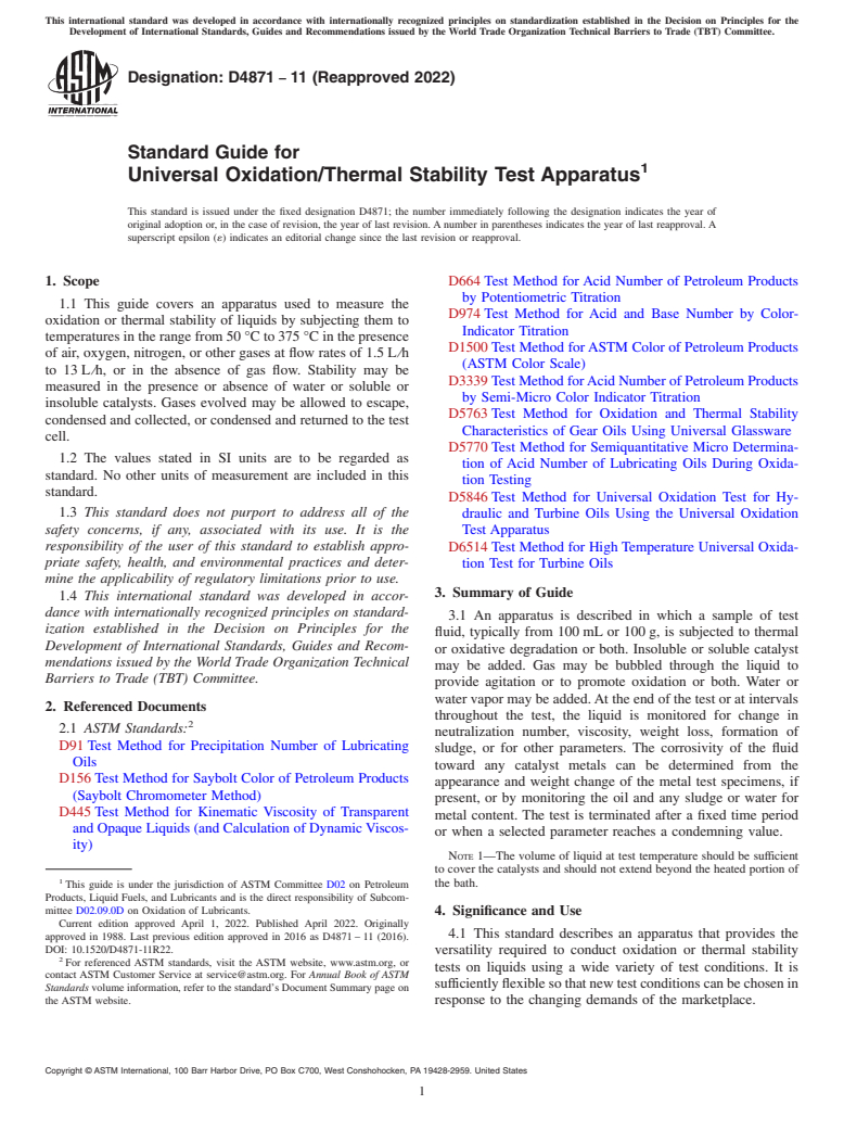 ASTM D4871-11(2022) - Standard Guide for  Universal Oxidation/Thermal Stability Test Apparatus