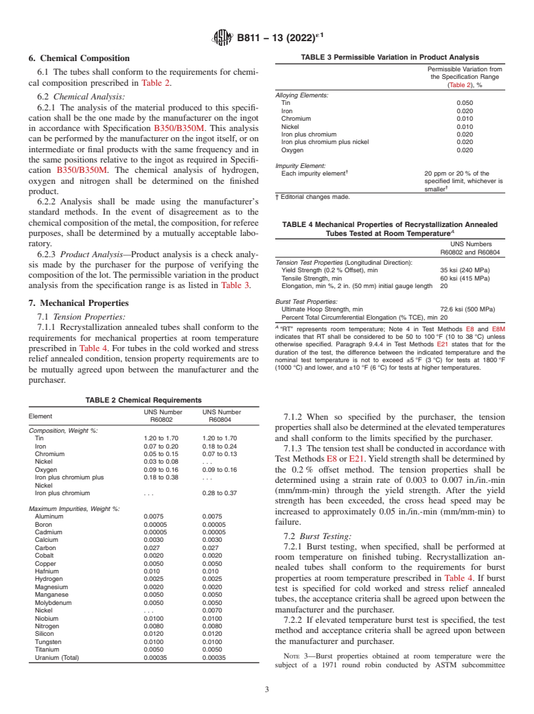 ASTM B811-13(2022)e1 - Standard Specification for Wrought Zirconium Alloy Seamless Tubes for Nuclear Reactor  Fuel Cladding