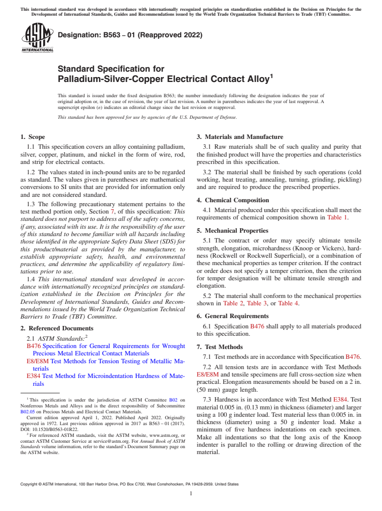 ASTM B563-01(2022) - Standard Specification for  Palladium-Silver-Copper Electrical Contact Alloy