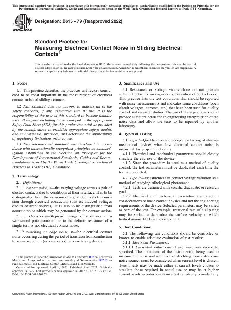 ASTM B615-79(2022) - Standard Practice for Measuring Electrical Contact Noise in Sliding Electrical Contacts