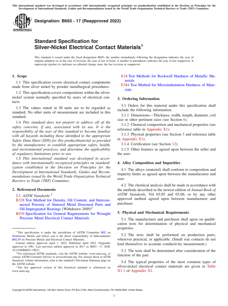 ASTM B693-17(2022) - Standard Specification for Silver-Nickel Electrical Contact Materials