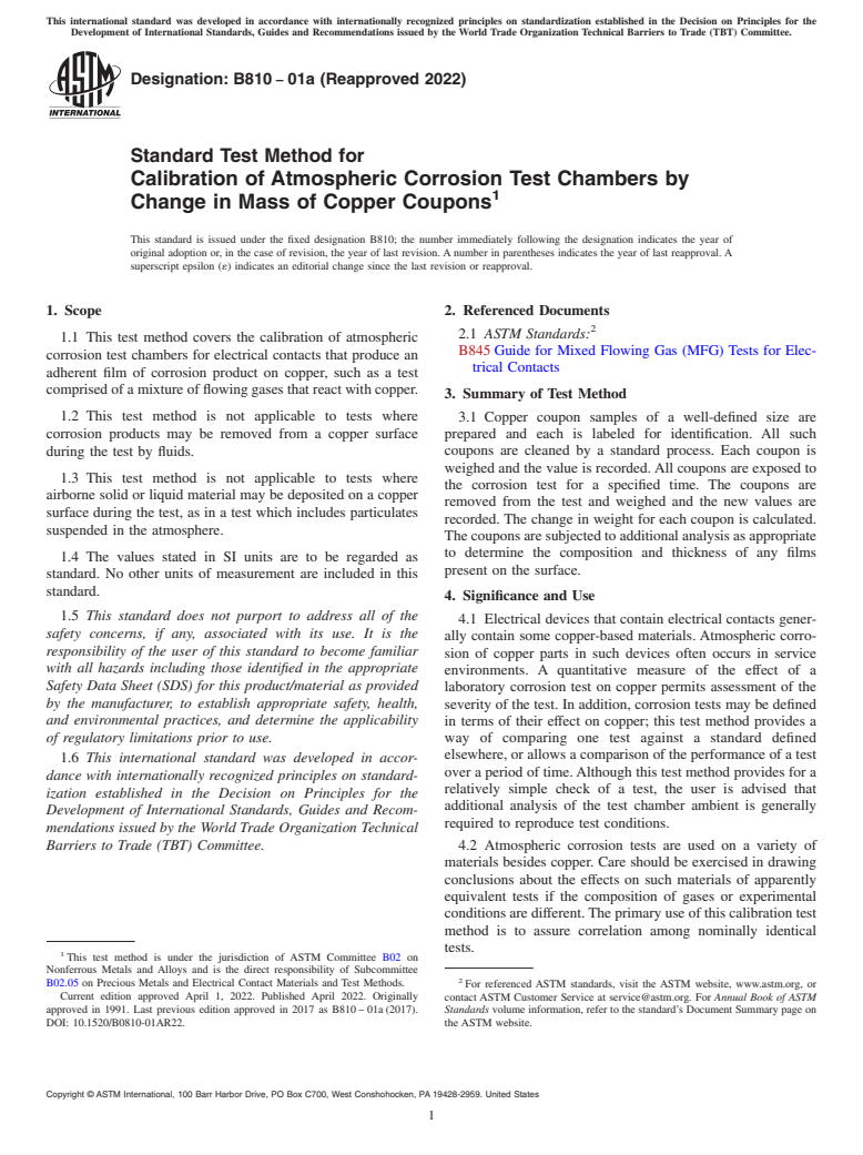 ASTM B810-01a(2022) - Standard Test Method for Calibration of Atmospheric Corrosion Test Chambers by Change  in Mass of Copper Coupons
