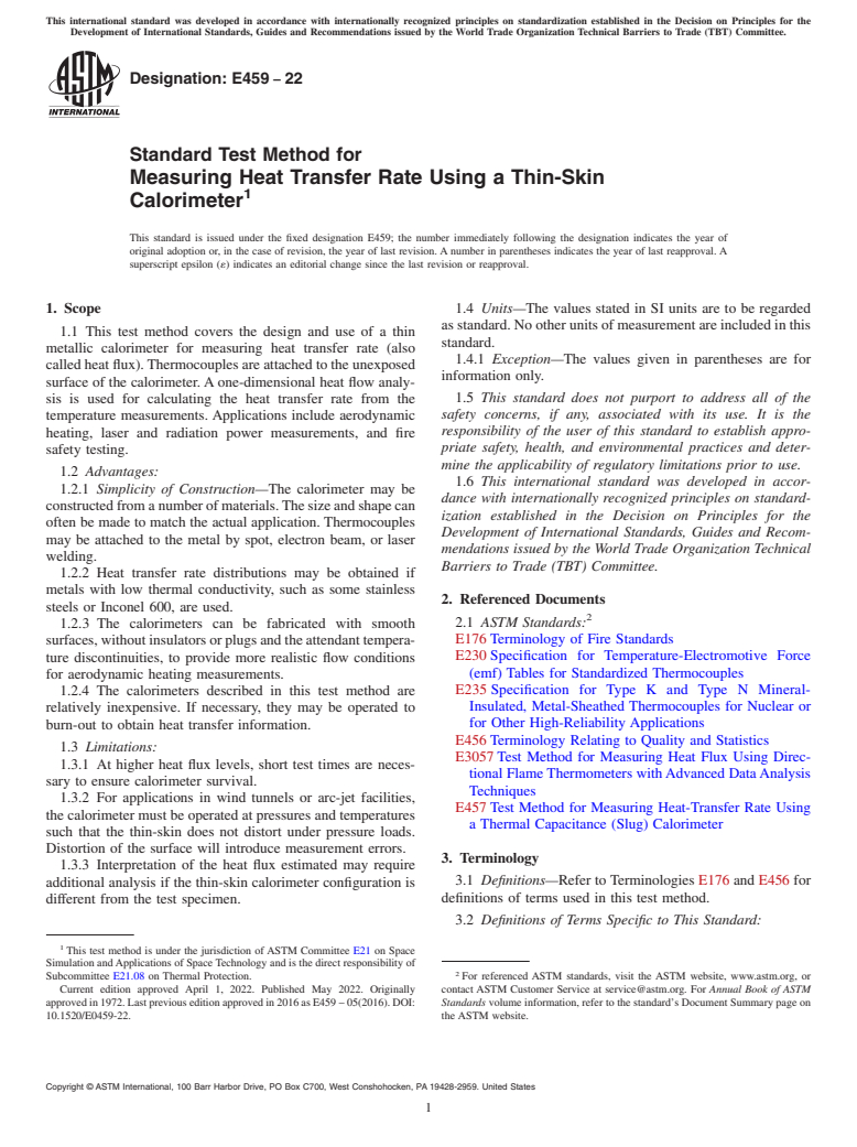 ASTM E459-22 - Standard Test Method for Measuring Heat Transfer Rate Using a Thin-Skin Calorimeter