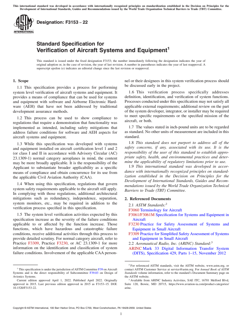 ASTM F3153-22 - Standard Specification for Verification of Aircraft Systems and Equipment