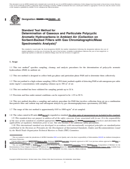 ASTM D6209-21 REDLINE ASTM D6209-21 - Standard Test Method for Determination of Gaseous and Particulate Polycyclic Aromatic Hydrocarbons in Ambient Air (Collection on Sorbent-Backed Filters with Gas Chromatographic/Mass Spectrometric Analysis) - Page 1 preview