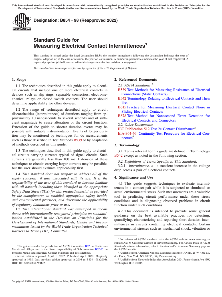 ASTM B854-98(2022) - Standard Guide for Measuring Electrical Contact Intermittences