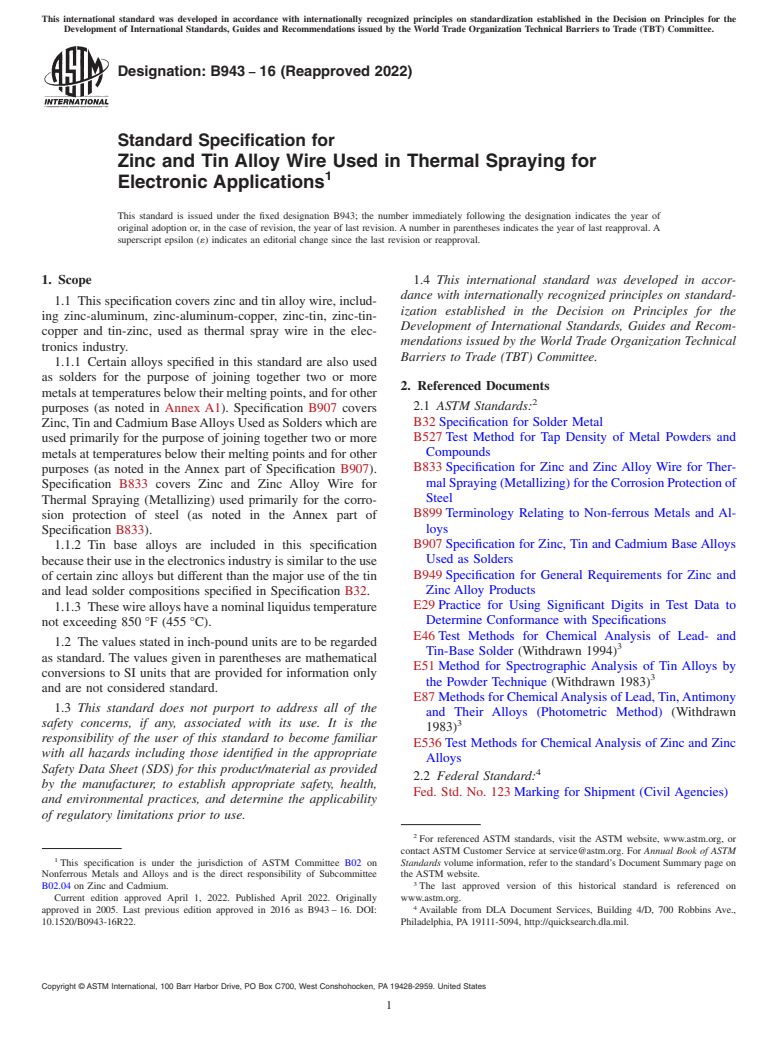 ASTM B943-16(2022) - Standard Specification for Zinc and Tin Alloy Wire Used in Thermal Spraying for Electronic  Applications