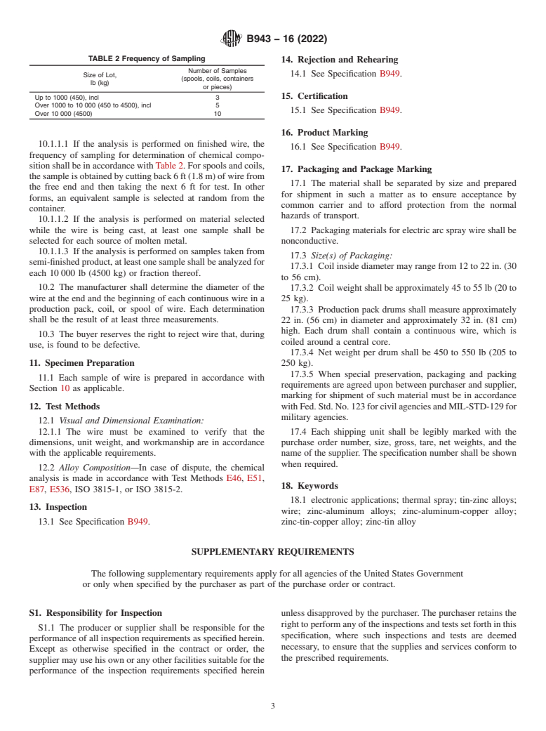 ASTM B943-16(2022) - Standard Specification for Zinc and Tin Alloy Wire Used in Thermal Spraying for Electronic  Applications